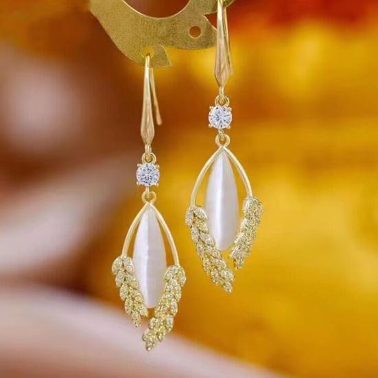 1/2 Paar Strass Blätter Stein Elegant Haken Ohrringe Faux Katzenaugen Luxus Damen Ohrringe