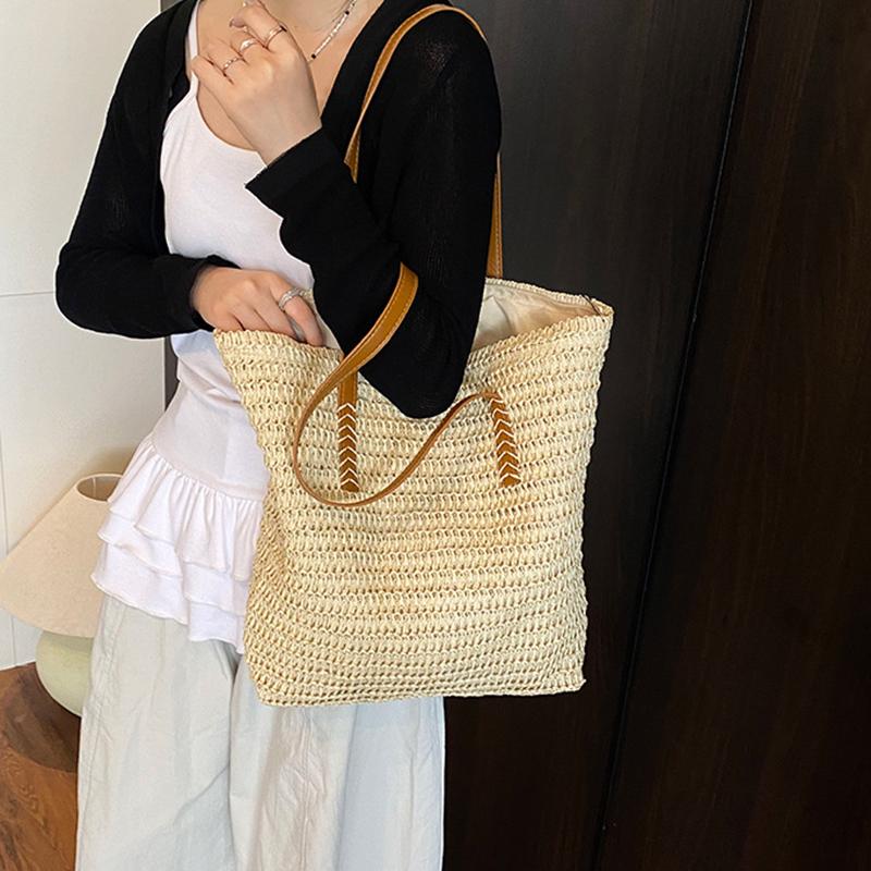 Women Top-Handle Bags Straw Summer Beach Straw Bucket Bag Woven Tote Purse Casual Travel Handbags for Women