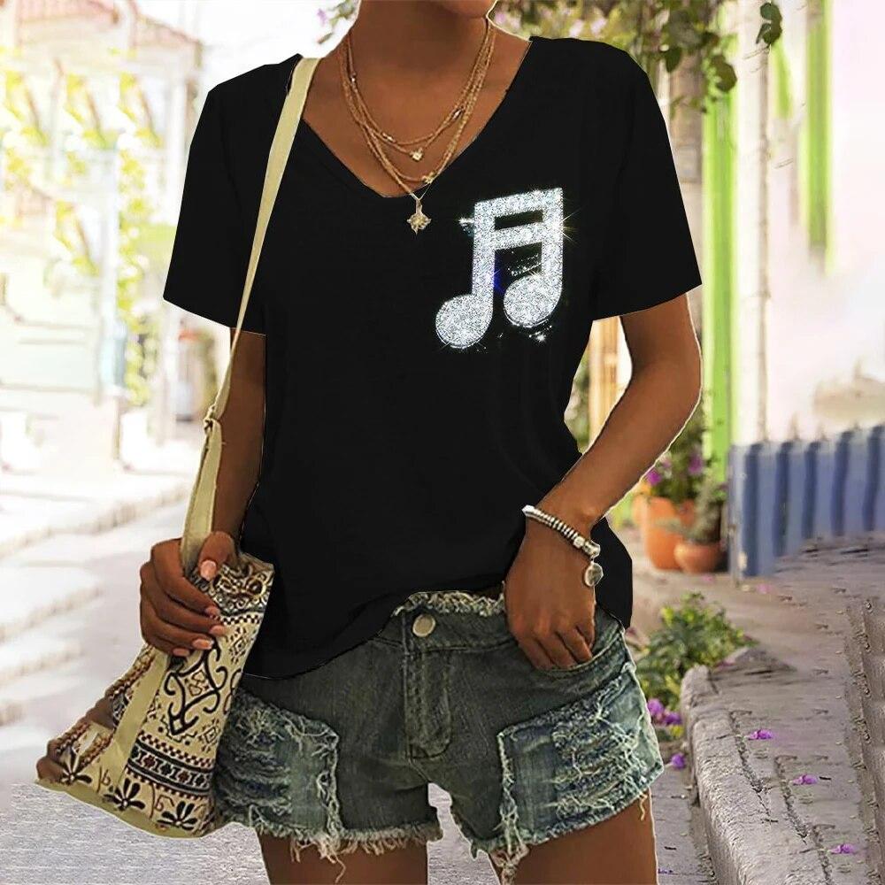 Music Notes 3d Printing Women's Casual Fashion Street Short-sleeved V-neck T-shirt