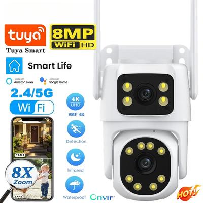 Tuya 5G Wifi Lens Camera Outdoor 8X Zoom Dual Screen Security Cameras 4K 8MP Color Night Vision PTZ Cam Video Surveillance