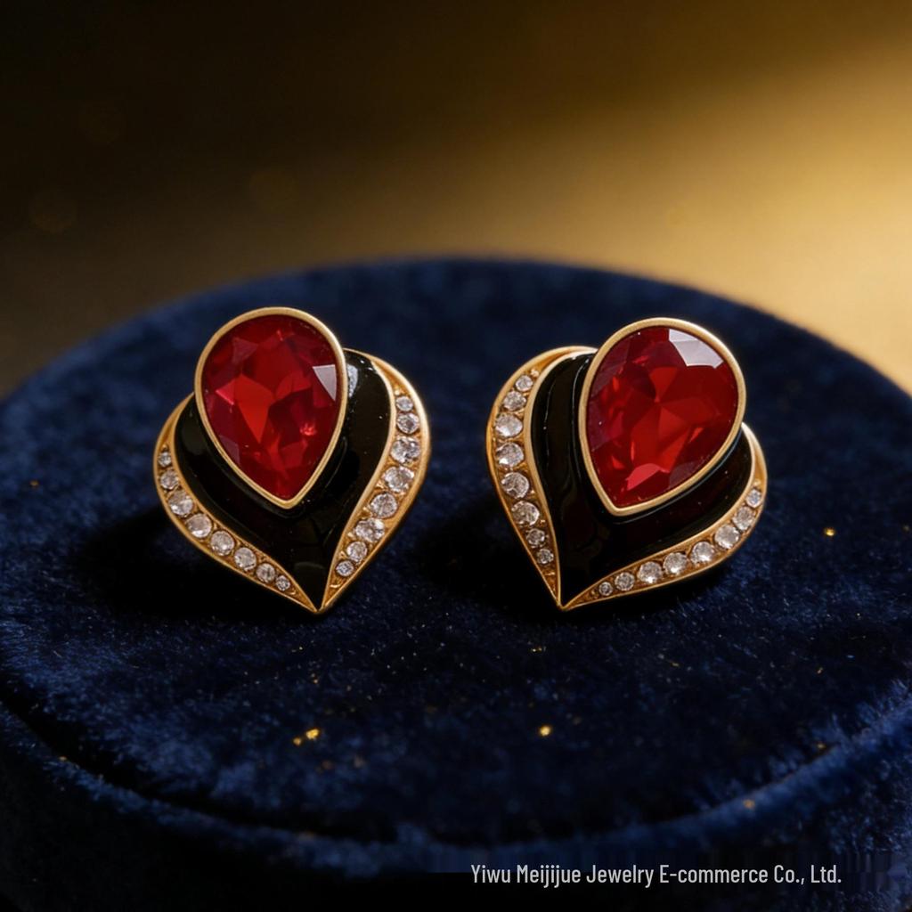 Heart-Shaped Gold-Edged Earrings with Black and Rhinestone Design, Red Stone, Retro Fashion Style