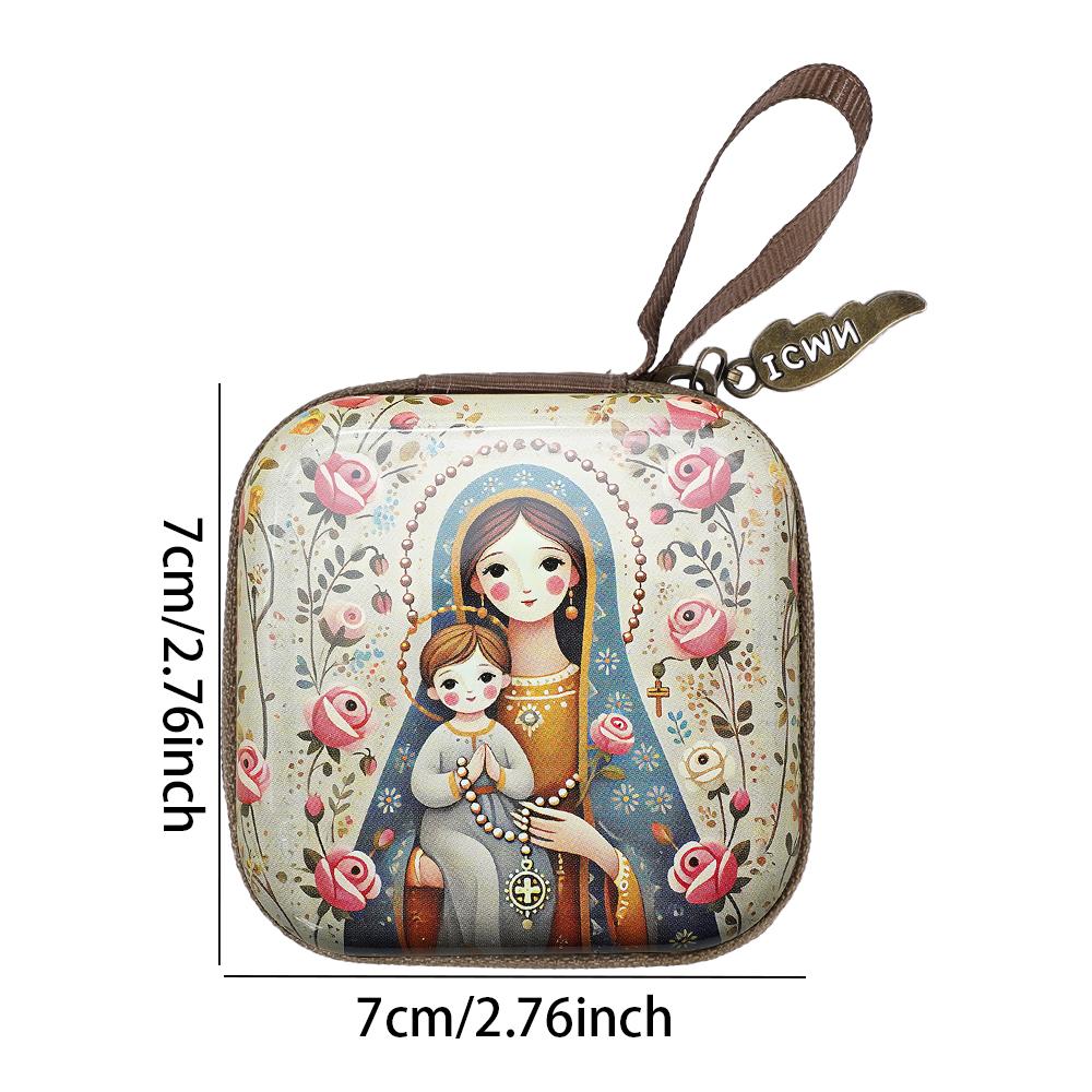 Vintage Christian Square Rosary Box with Zipper Religious Artwork,Lightweight Metal Organizer for Prayer Bead,Inspirational Gift