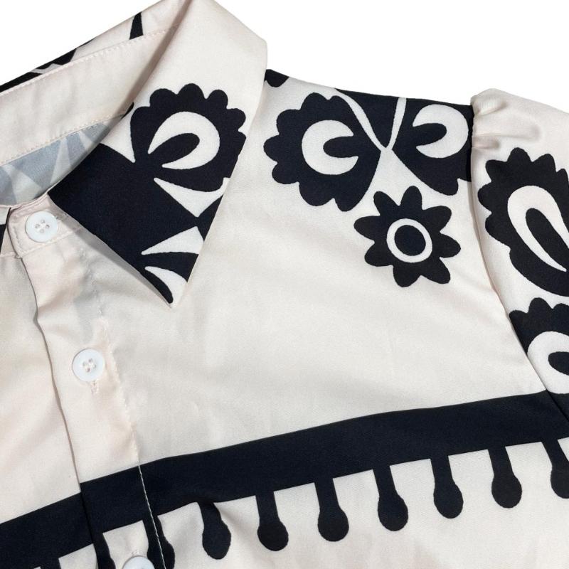 Mote Vintage Langermet Løse Hverdagskjoler Dame Knapper Revers A-linje Trykket Skjortekjole Dame Høy midje Snøring Lang Kjole Vår Ny 25892