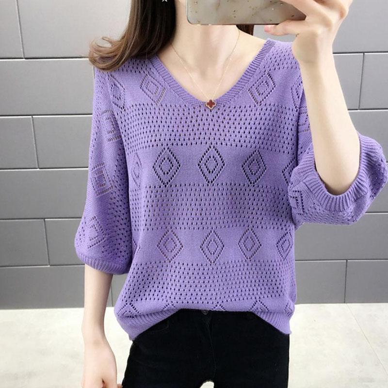 

Женский вязаный свитер с v-образным вырезом, свободный женский топ с рукавами «летучая мышь», короткие тонкие вязаные пуловеры для женщин M фиолетовый