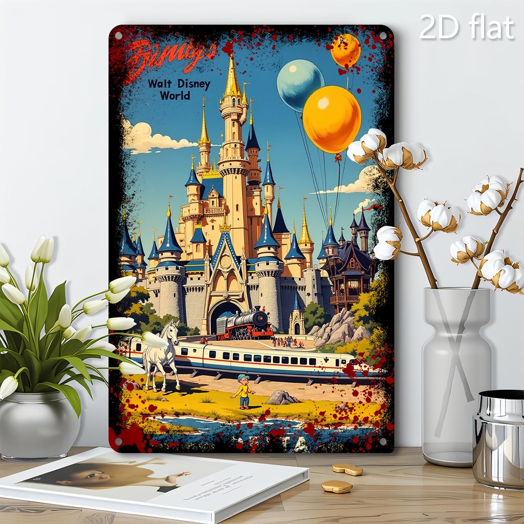 2D Flat, 1pc, 2D Flat - Disney World Magic Castle and Balloons Mural - 8x12 Inch Tin Sign, Vintage Decorative Painting for Indoo