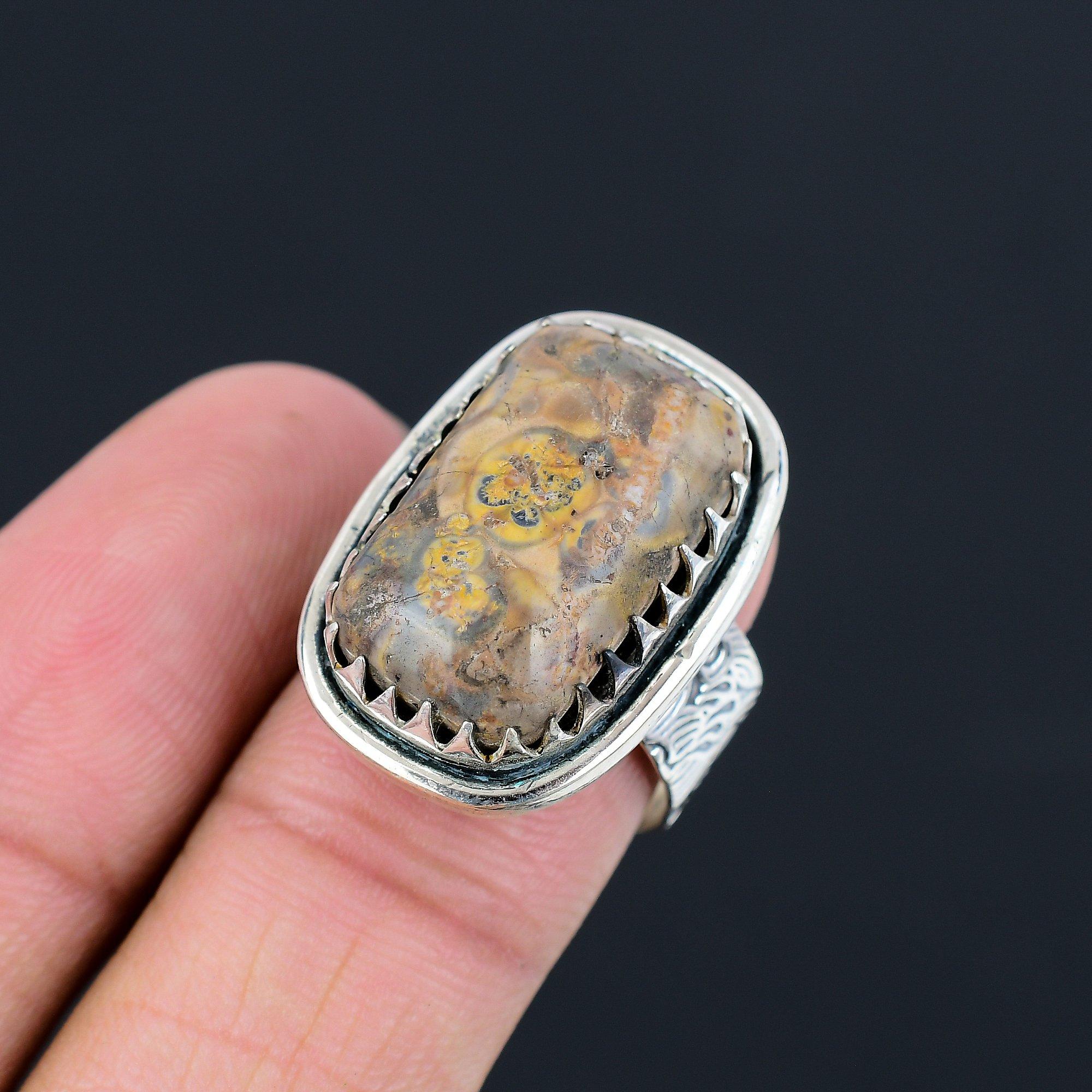 925 Silver Natural Asteroid Jasper Solitaire Handcrafted Ring Jewelry Size 8.5 8.5