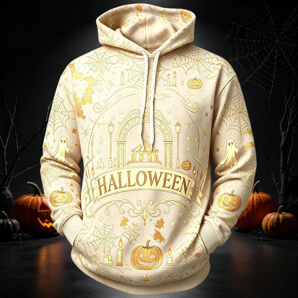 Men's Casual Long Sleeve Hoodie with Halloween Print for Everyday Wear
