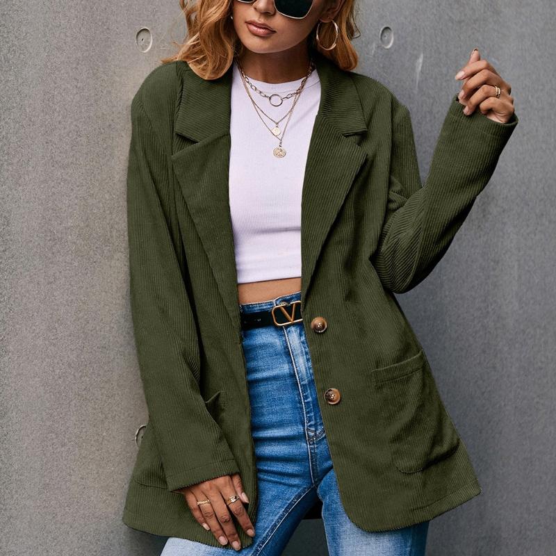 Corduroy Women Coat Autumn Winter Solid Color Long Sleeve Coats with Pockets Buttons Business Lady Outwear