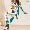 Women Plus Size Abstract Printed Two Piece Pants Set Round Neck Long Sleeve Longline Top Fitted Pants