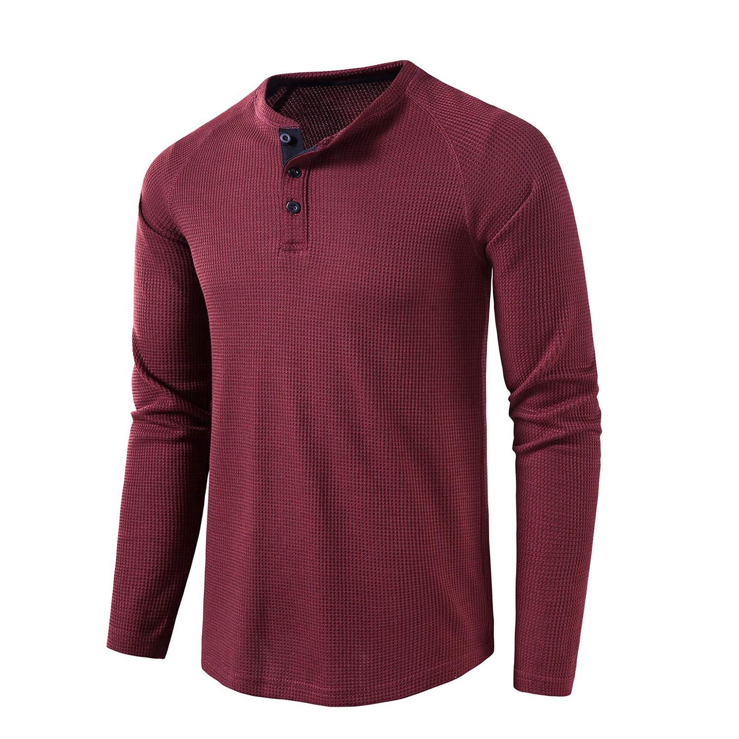 

Мужские вафельные рубашки на пуговицах с круглым вырезом и длинными рукавами, однотонная повседневная одежда, удобная рубашка на осень и зиму XL бордовый