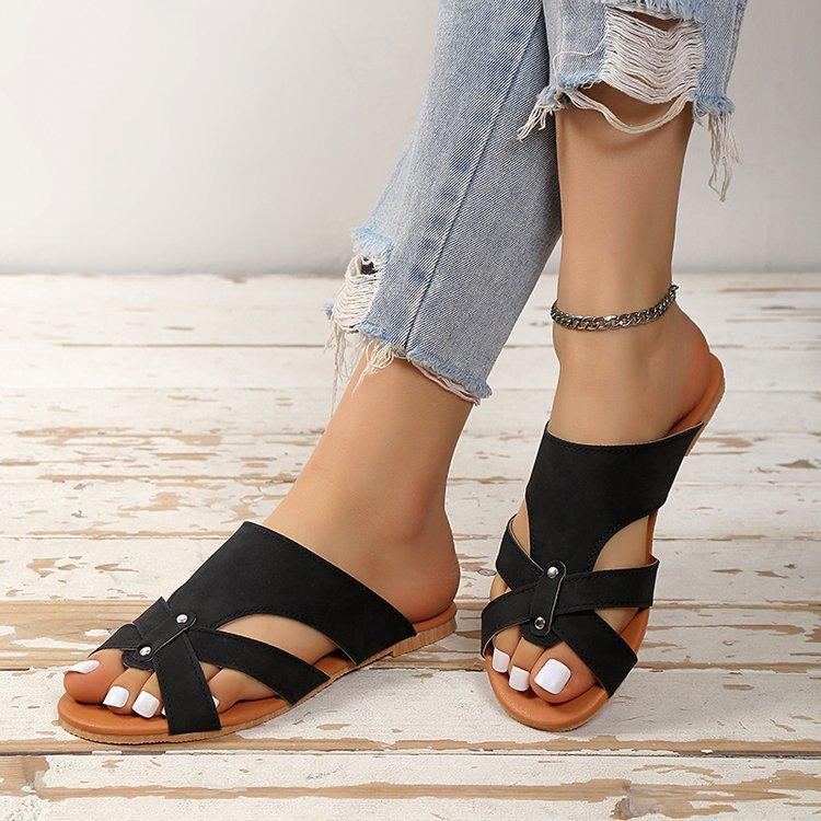 2025 Summer Beef Tendon Bottom Cross Hollow Flat Bottom One-word Slippers Retro Suede Women Wear European and American Roman Sandals Women
