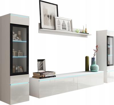 Modern TV Wall Unit 180cm with 2 Display Cabinets and a Shelf for the Living Room, White Gloss