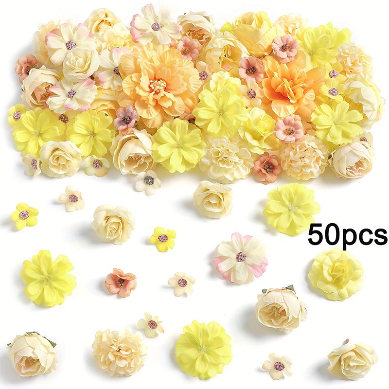50Pcs Mini Random Color Silk Artificial Flower Head Fake Peony Daisy Rose Flower For Craft Garment Wedding Party DIY Home Decor