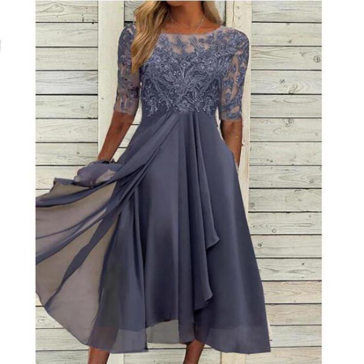 2025 Elegant European Long Bridesmaid Dress Chiffon Lace Hollow Evening Gown