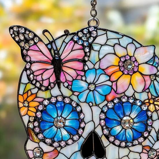 Colorful Skull Suncatcher Sun Catcher Skull Light Trap Window Hanging Decoration with Rhinestones Flowers Butterflies Unique Gothic Boho Decor Gift