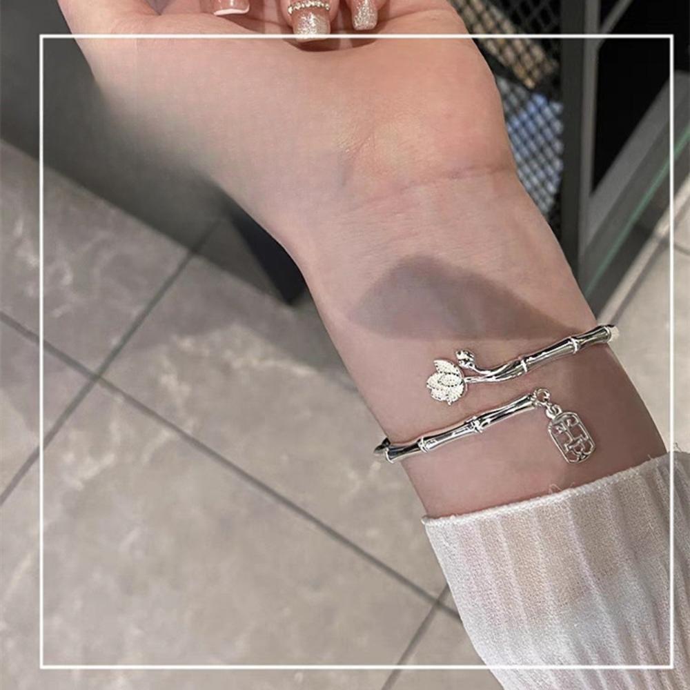 Temperament 925 Sterling Silver Plated Lucky Peace Pendant Bamboo Joint Lotus Open Bangles for Women Good Meaning Jewelry Gifts