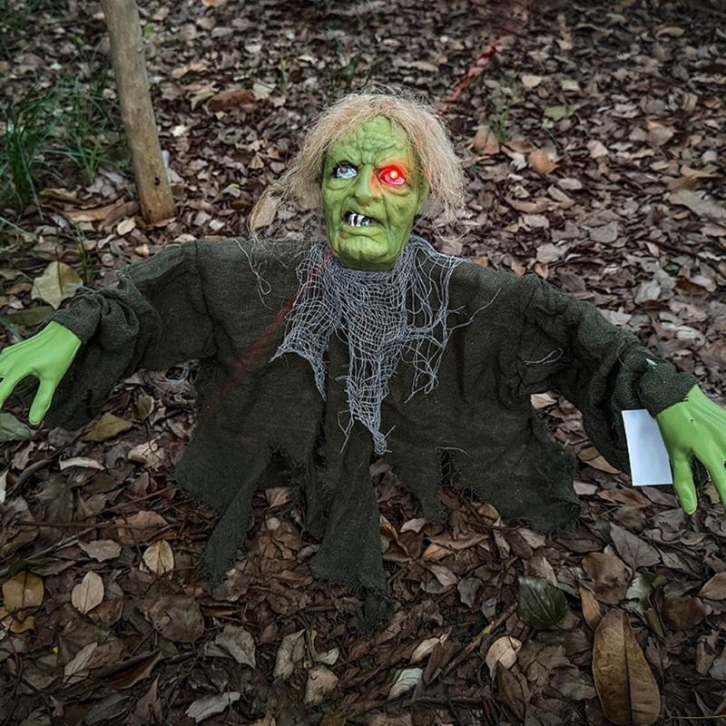 Green Face Halloween Yard Decoration with Red Light Detail, ABS Ground Insert Accent for Porch, Lawn, and Entryway Party Display, 1 Piece