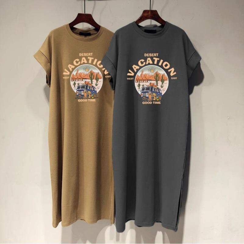 

Pure Cotton Short-sleeved T-shirt Long Skirt Ladies s New Medium and Long Korean Version Loose Daily Wear Large-size Small Flyi Practical Use M-A1245