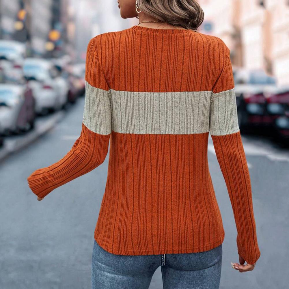 Women T-shirt Round Neck Long Sleeve T-Shirt Striped Contrast Color Slim Fit Pullover Tops Daily Wear