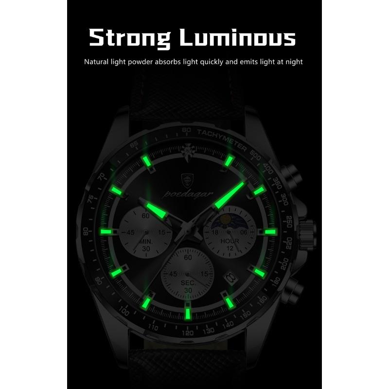 POEDAGAR Fashion Men's Watches High Quality Luminous Waterproof Male Wristwatch Leather Chronograph Date Sports Quartz Clock