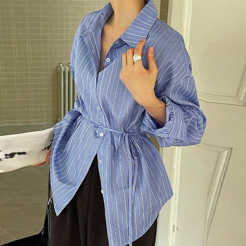 

Temperament Striped Long-sleeved Shirt Autumn Lace-up Shirt for Women S бежевий