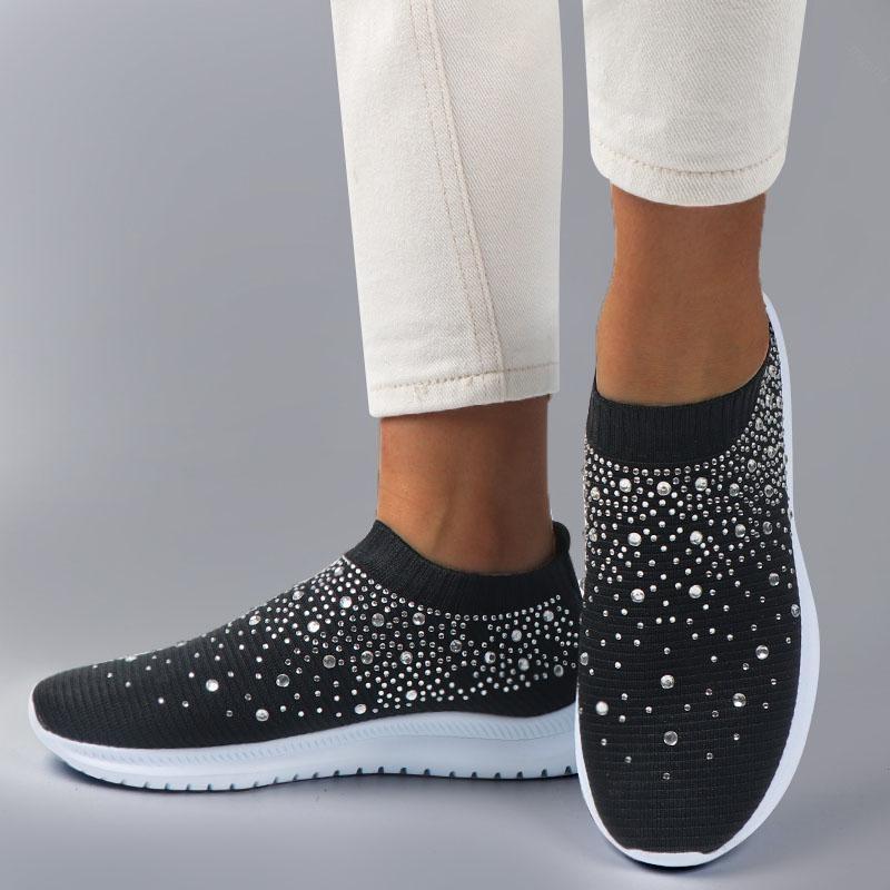 Kvinner flate krystaller joggesko pustende fritidssko sportssko utendørs