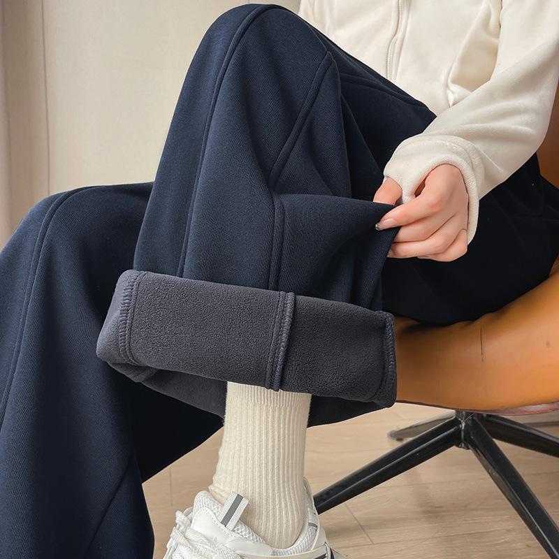 American Trendy Grey Curved-Leg Women's Plus Velvet Thickened Wide-Leg Sweatpants for Autumn/Winter