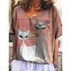 Women's V-neck Short-sleeved T-shirt with Cute Kitten Print