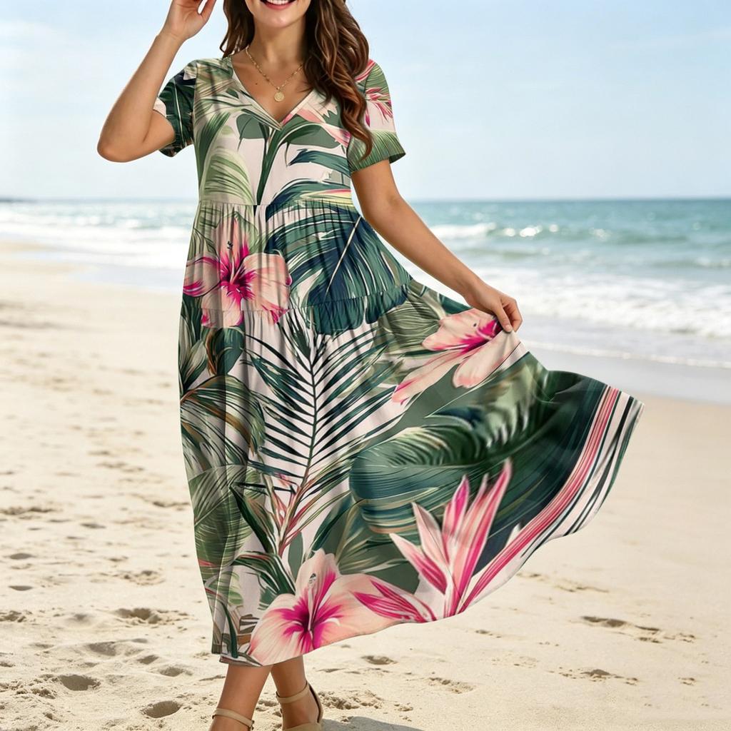 Frauen Casual Lose Bohemian Blumenkleid Kurzarm Lange Maxi Sommer Strand Swing Kleid
