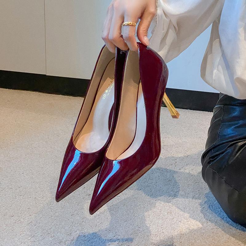 Autumn new metal heel not tired feet high heels burgundy sexy temperament thin heel shallow mouth single shoes women
