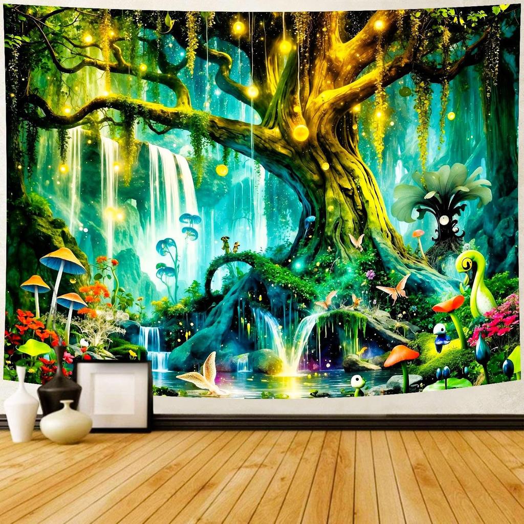 Colorful Autumn Forest Tapestry Waterfall and Orange Trees Scene Water Resistant Fabric Seasonal Nature Theme Wall Hanging