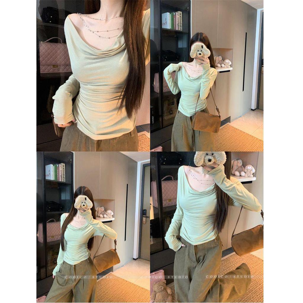Korean Off-Shoulder Chain Pleated Long Sleeve Autumn Top