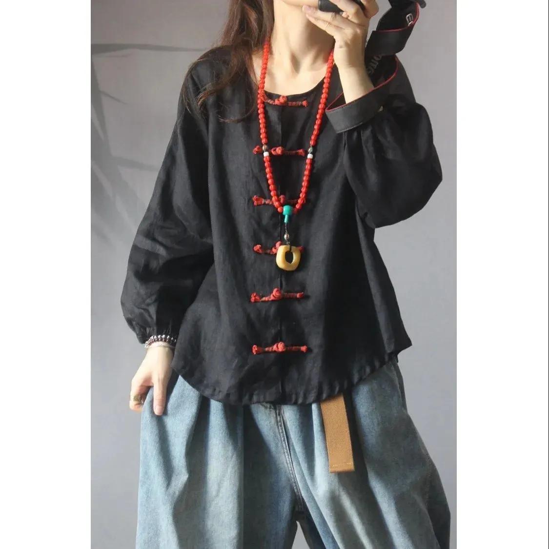 

Блузка из хлопка и льна в стиле ретро с дисковой пряжкой, женский кардиган на весну и осень, большой размер, широкая рубашка из хлопка и льна для женщин XXXL чёрный