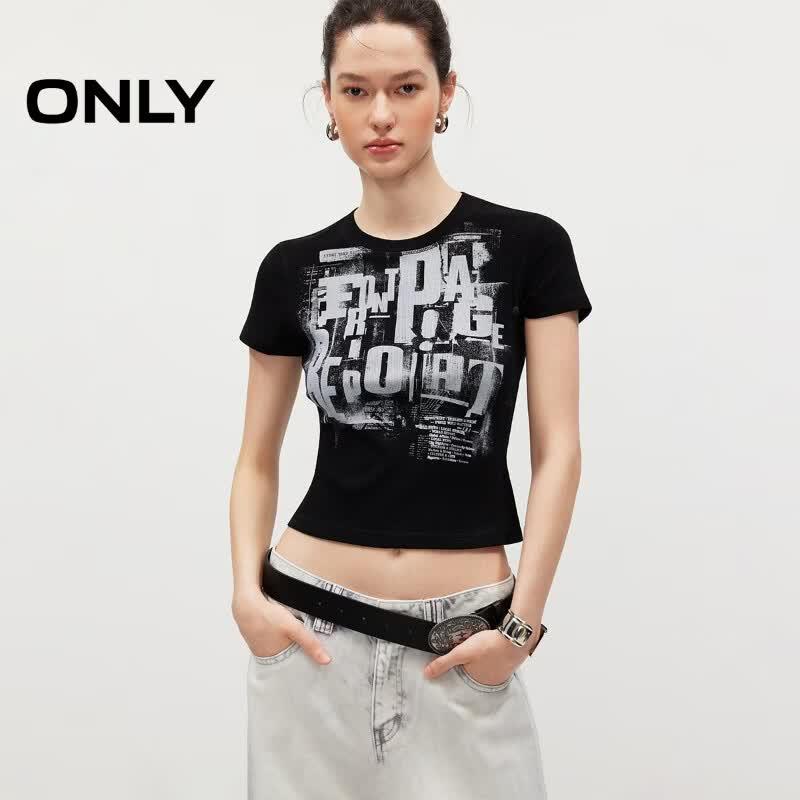 ONLY Women s Mottled Letter Print Slim-Fit Short T-Shirt L