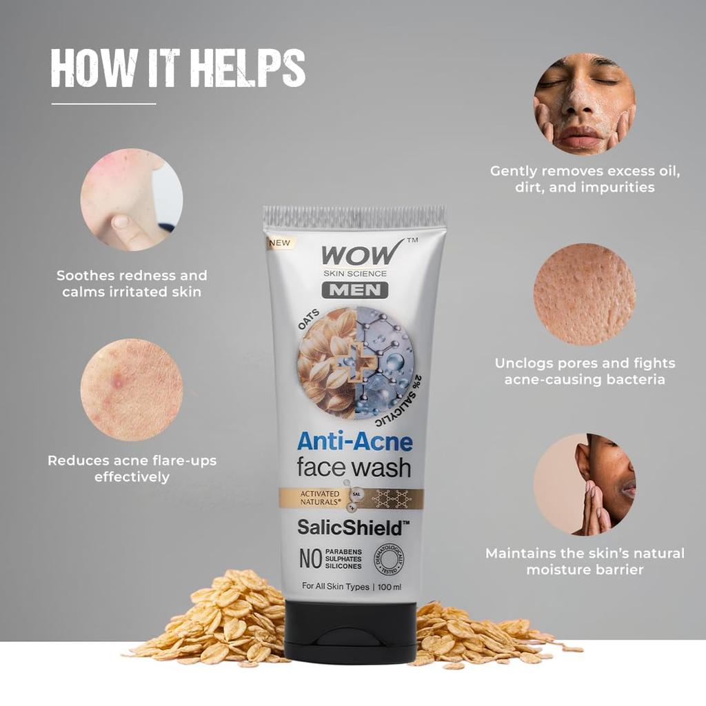 WOW Skin Science Men Anti Acne Face Wash With Oat Extract And 2% Salicylic Acid | Targets Breakouts And Oil Control | 100 Ml