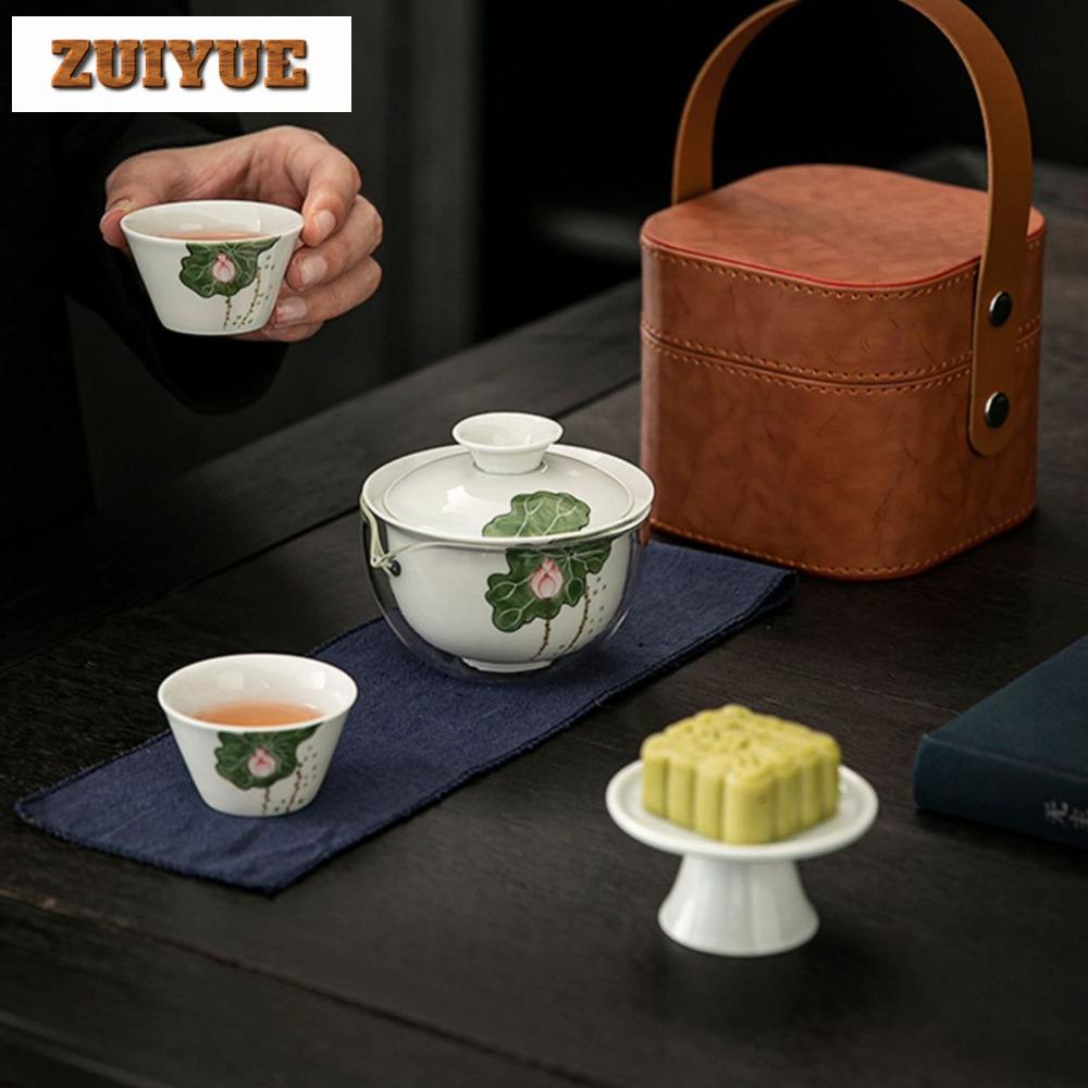 Hand Painted Lotus Glass Travel Tea Set Kit Retro 1 Pot 3 Cups Tea Brewing Travel Tea Set Portable Organizer Supplies Ornaments
