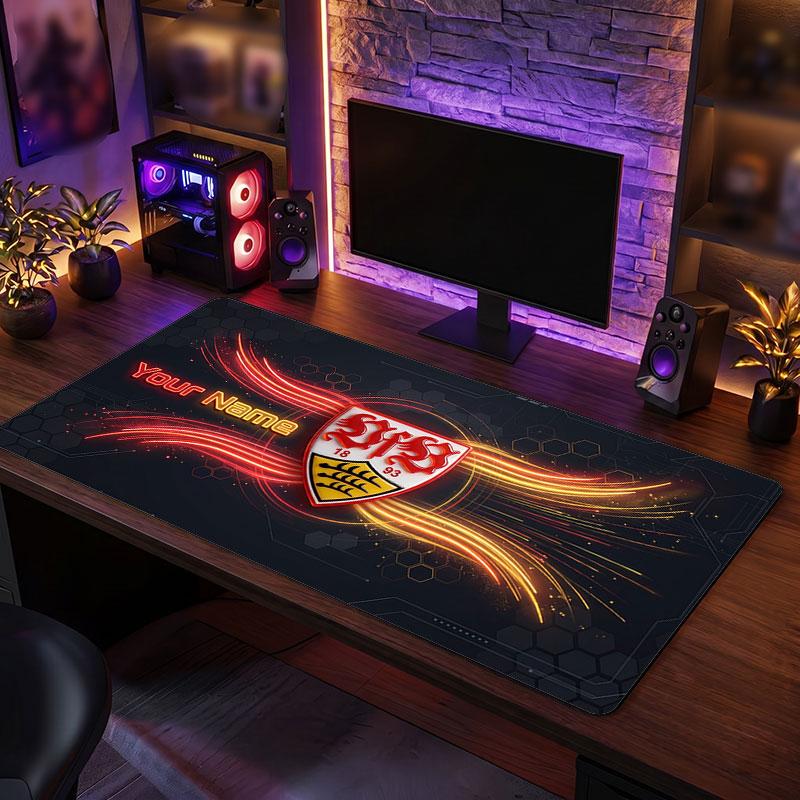 Tappetino per Mouse Grande Personalizzato VfB Stuttgart FC, Stampa Testo Nome Personalizzato, Tappetino da Scrivania Antiscivolo con Logo Calcio, Regalo per Gamer