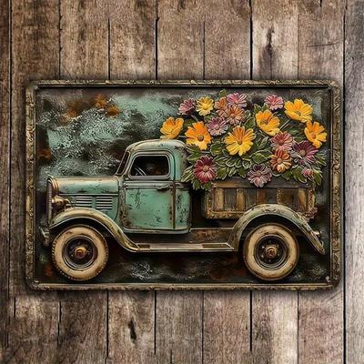 Vintage Metal Sign Rustic Floral Truck Aluminum Plaque Home Decor Farmhouse Wall Art