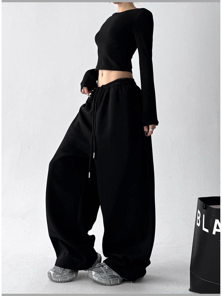 Women's High-Waist Classic Sports Sweatpants - Spring/Autumn 2025, Slimming Loose Fit, Straight Wide Leg Long Pants.