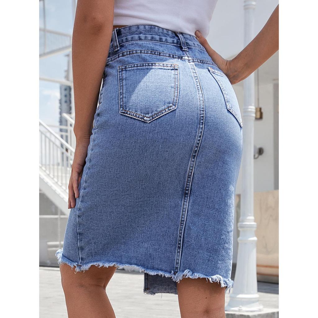 Women's High-Waisted Mid-Length Split Denim Skirt - European & American Style
