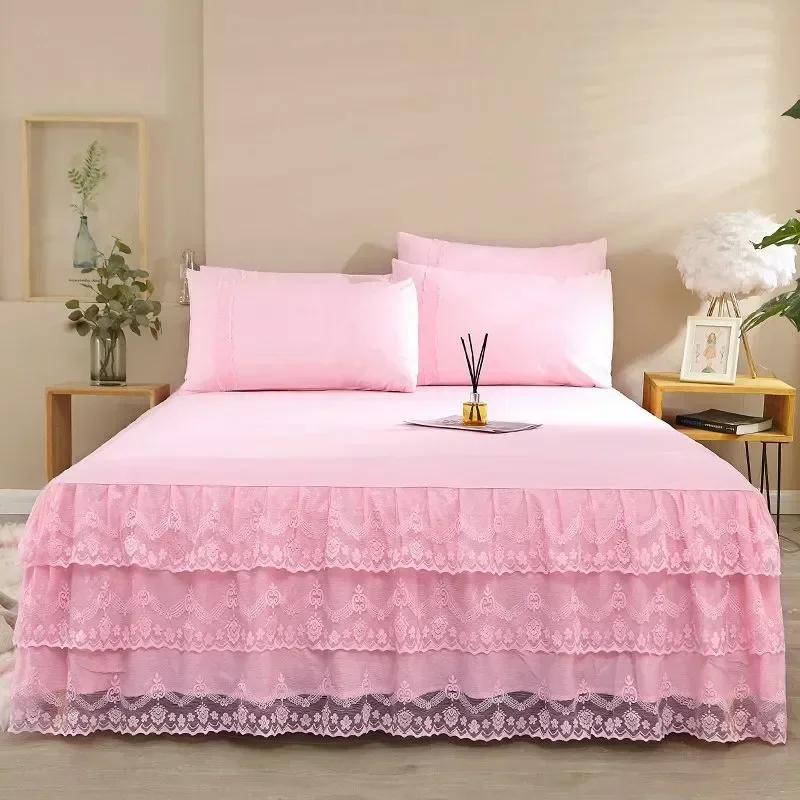 Luxury Lace Bed Skirt Summer Bedspread Solid Satin Rayon Bed Linen Couple Bedding Single Double Queen King Size Bed Sheet