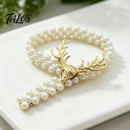 Light Luxury Curtain Decor Deer Head Tieback, Faux Pearl Beaded Stretch Holder, Decorative Holders Adjustable Holdback for Bedroom Living Room Window