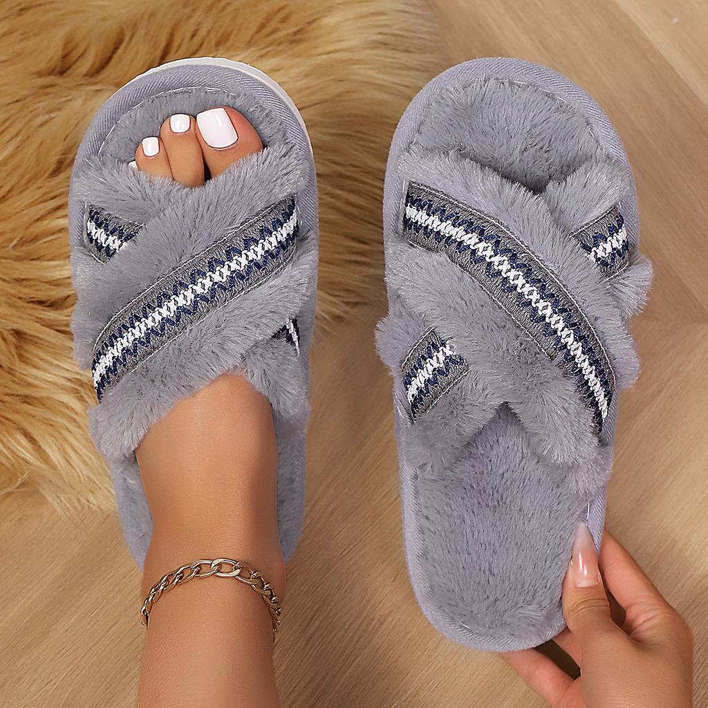 Memory Foam Fuzzy Slippers for Women Open Toe House Shoes Faux Fur Cross Band Indoor Outdoor Slippers Women's Anti-Slip Winter Warm Plush Slippers