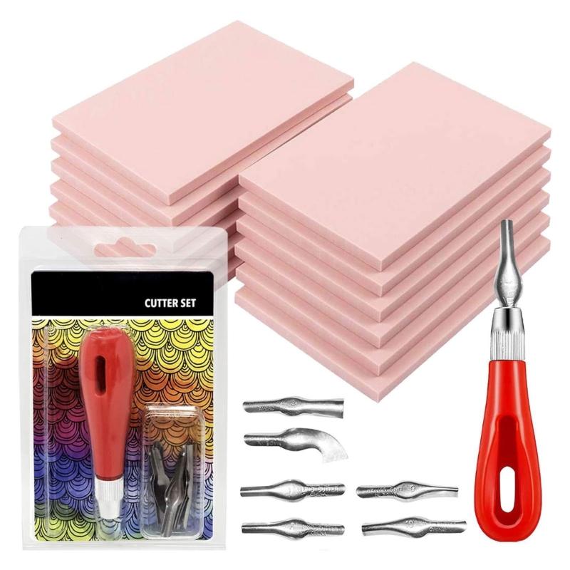 Rubber Carving Blocks with Cutter Tool, Carving Rubber Stamp for Stamp Carving, Printmaking, Stamp Making Tool