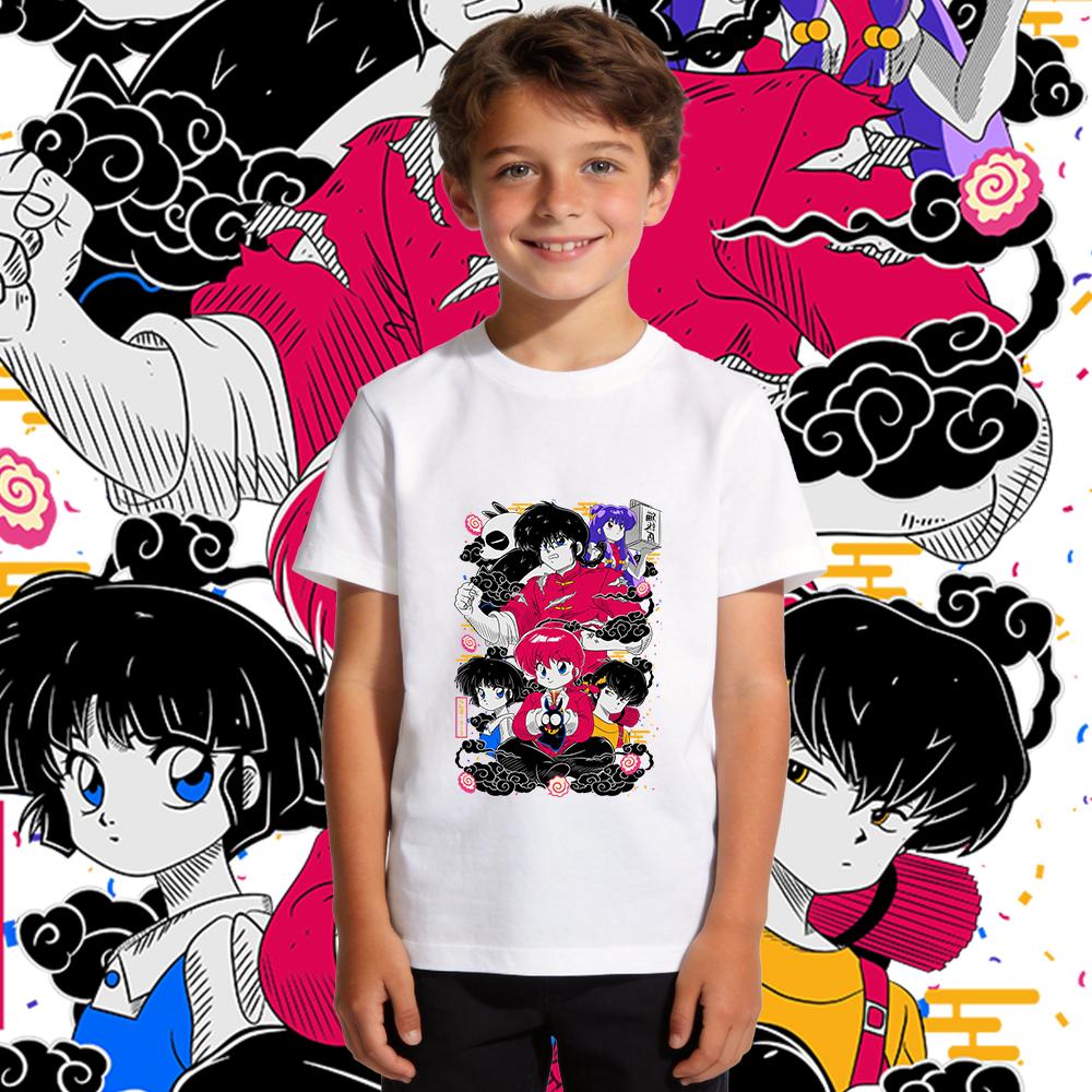 Boys Girls Short Sleeve T Shirt Ranma Characters Anime Print Cotton Top Kids Casual Wear Breathable Soft Summer
