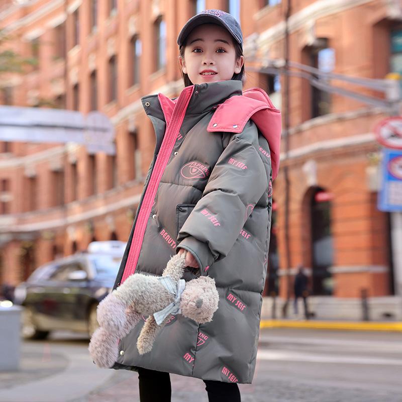 Dívčí zimní péřový kabát, silný a dlouhý, udrží děti v teple.