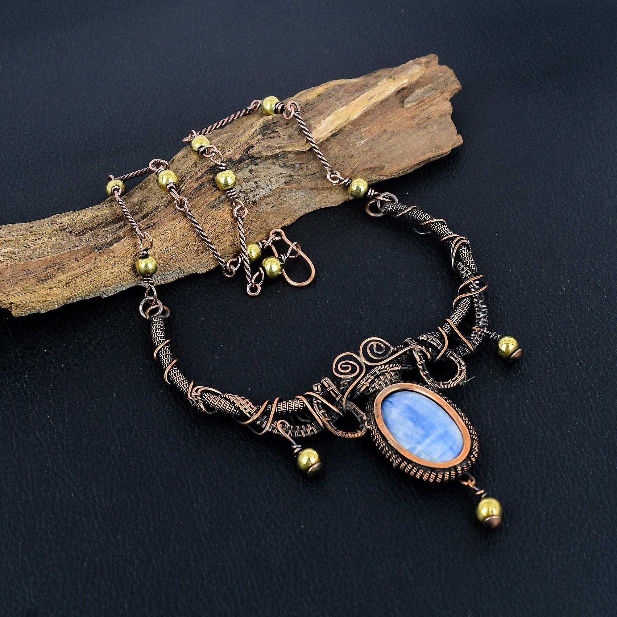 

Кианит, ожерелье, обернутое медной проволокой 999 пробы, с регулируемой цепочкой, ожерелье из драгоценных камней ручной работы ко Дню памяти