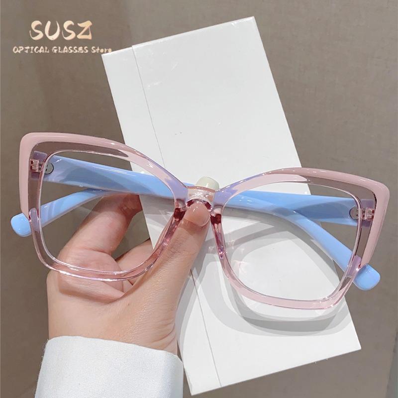 SUSZ Reading Glasses Rectangle Cat Eye Oversize Frame Prescription Optical Glasses Blue Light Blocking Myopia Glasses