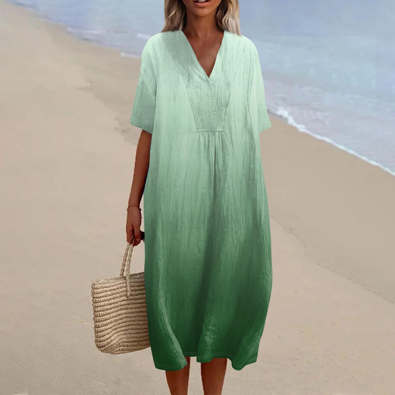 Women s Loose Casual Fashion V-Neck Printed Dress Beach Skirt XL