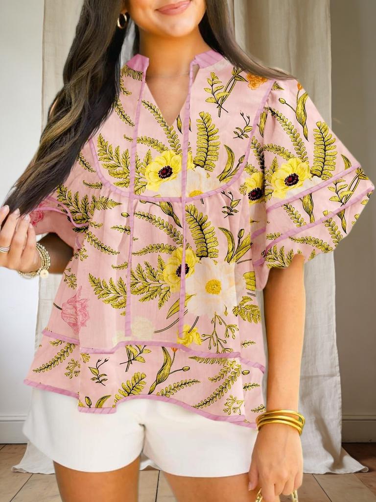 Blusa da Donna Floreale Babydoll Scollo a V Manica Corta a Lanterna Larga Top Estivo